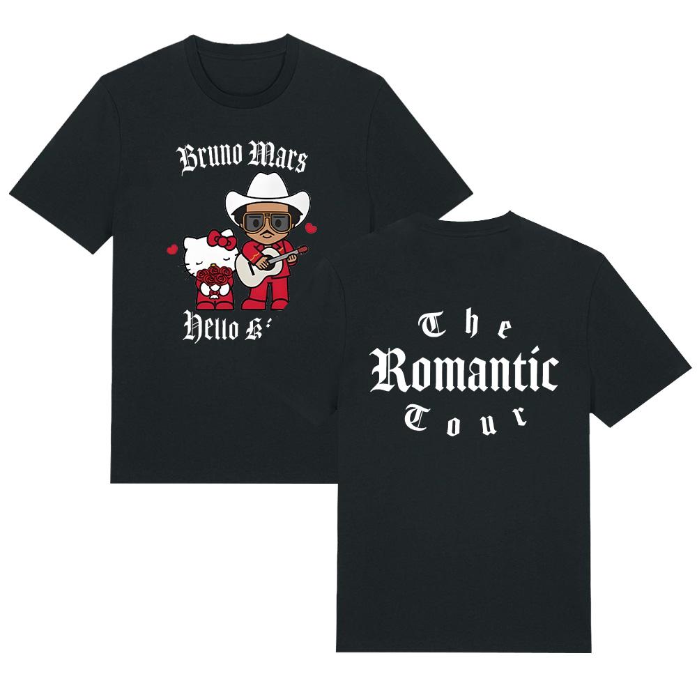 Bruno Mars X Hello Kitty The Romantic Tour 2026 Tee Two Sided Print Women Top High Quality Cotton T-shirts Y2K Aesthetic Print T Shirt Men Streetwear