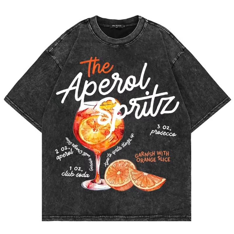 100% Хлопок Винтажная Стирка Aperol Spritz Клубная Футболка Модная Мужская/Женская Эстетичная Графика Лимон Крутая Свободная Кислотная Стирка Футболки