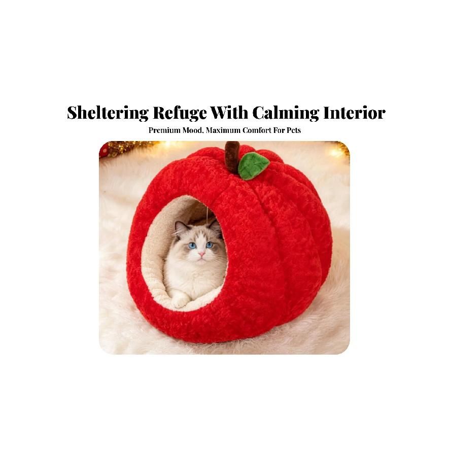 Apple-Shaped Pet Bed Cozy Enclosed Pet Bed with Removable Cushion Hideaway Cat House Warm Cat House with Cushion Soft for Cats