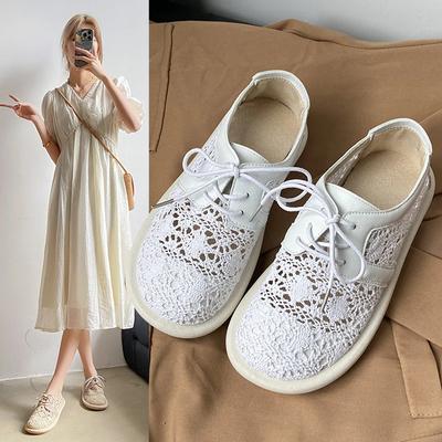 Мода 2025 Художественный хлопок лен кружево сетка женская обувь летняя пляжная обувь богемные одинарные маленькие белые туфли