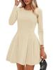 European and American Slim-Fit Wide-Hemmed Dress: Solid Color, Long Sleeve, Round Neck for Commuting Versatility