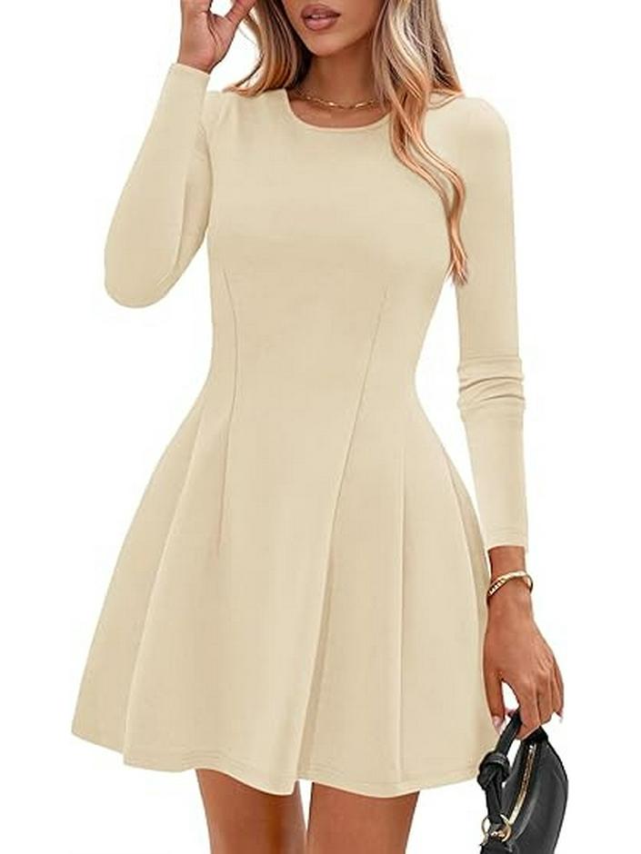 European and American Slim-Fit Wide-Hemmed Dress: Solid Color, Long Sleeve, Round Neck for Commuting Versatility