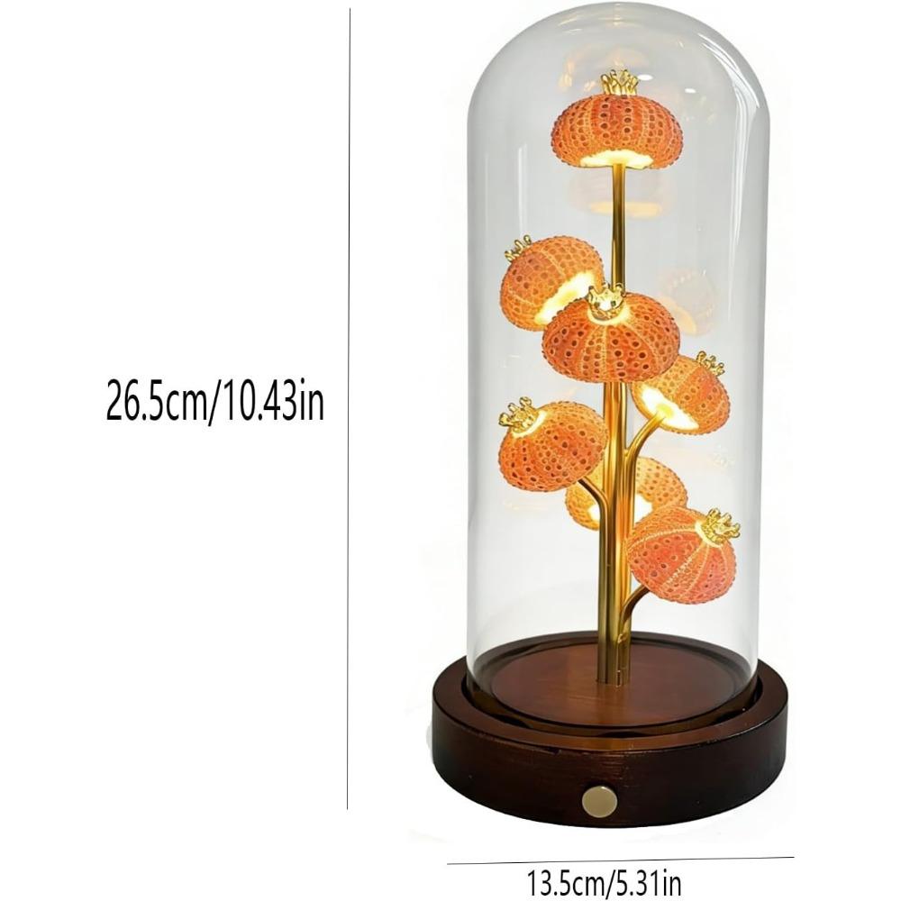 Handcrafted Sea Urchin Shell Night Light - Natural Real Urchin Lamp with Glass Dome Wooden Base, Warm LED Coastal Table Lamp