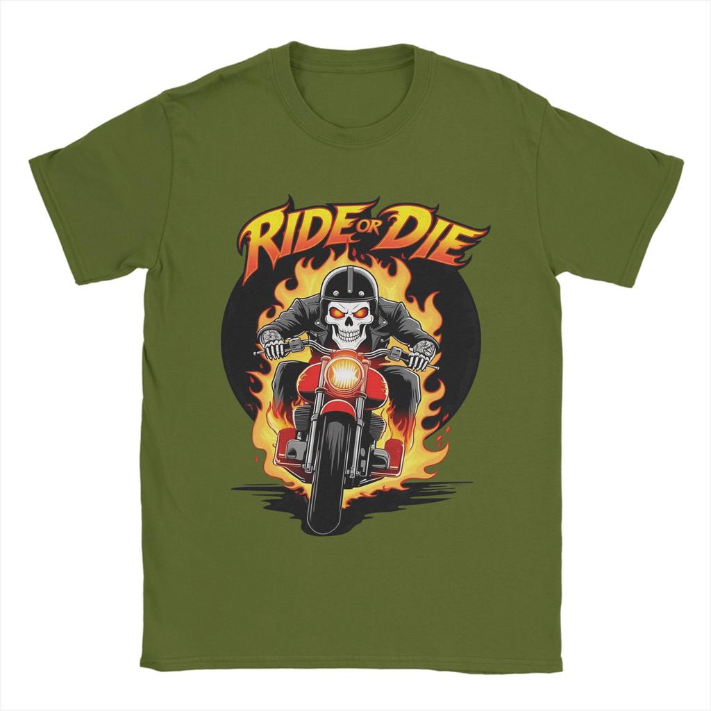Унисекс Футболка Ride or Die Огненный Череп Байкерская Забавная Хлопковые Футболки С Коротким Рукавом Футболка С Круглым Вырезом Одежда Подарок