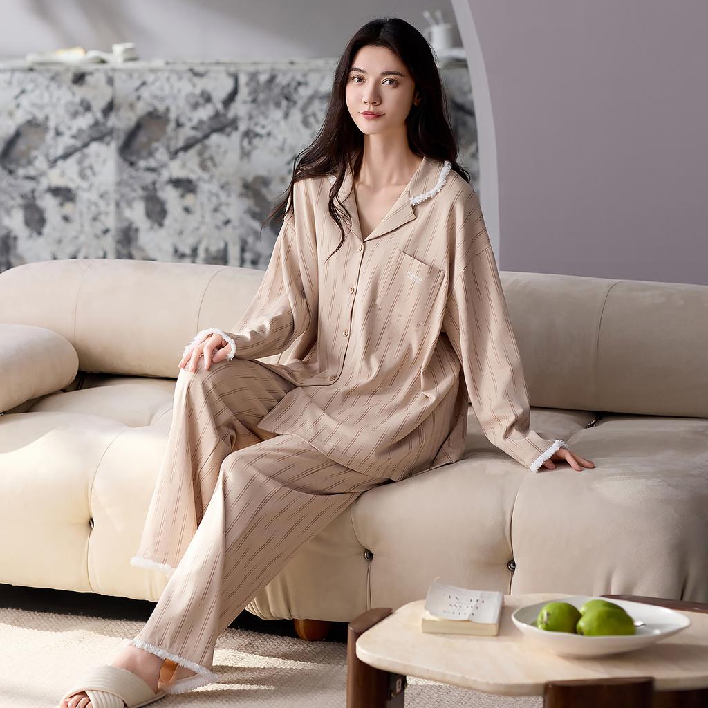 Couple Pajamas Men'S And Women'S Spring And Autumn Autumn Pure Cotton Striped Long Sleeves Can Be Worn Outside Loungewear Suit