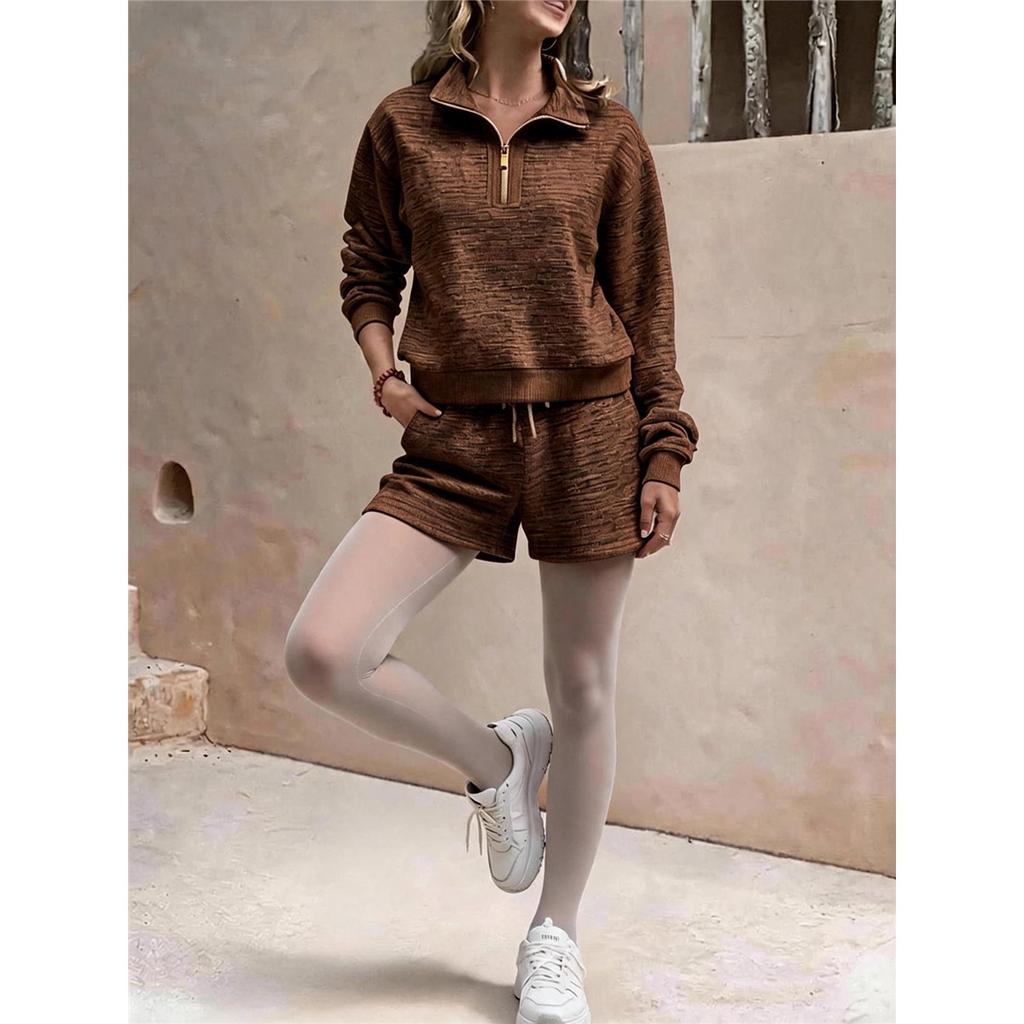 Women Half Zip Long Sleeve Sweatshirt And Shorts Set Casual Two‑Piece Outfit Drawstring Short Pants Tracksuit