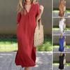 Summer Dress Three-quarter Sleeves Side Slit Loose V Neck Midi Dress
