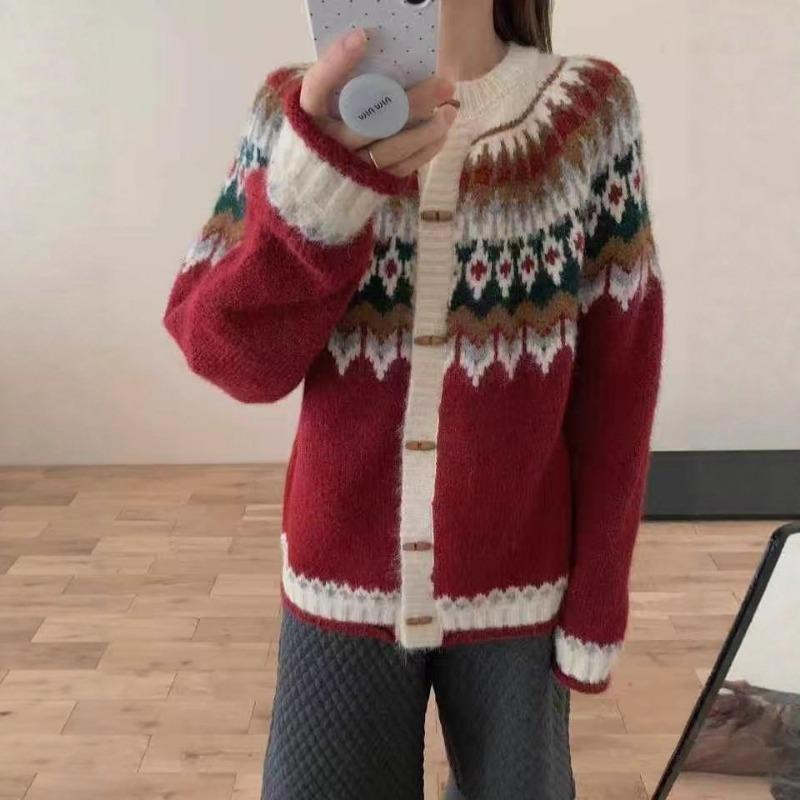 Жакет-свитер Fair Isle, женская одежда, осень и зима, новый свободный, с круглым вырезом, в стиле ретро, жаккардовый, на вязаной кардигане с пуговицами из рога