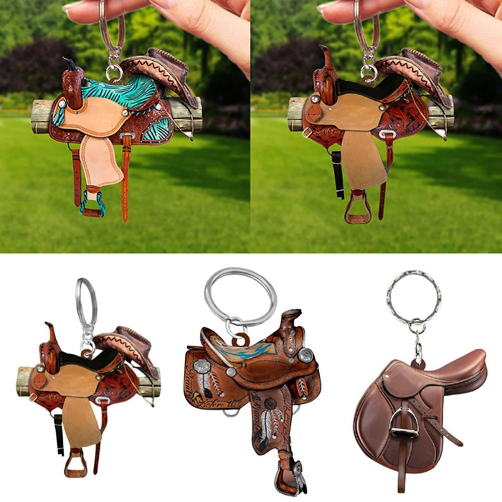 Horse Western Cowboy Saddle Shape Keychain Acrylic Charm Pendant Hanging Keyring Decoration Car Key Rings Holder Gifts Not 3D