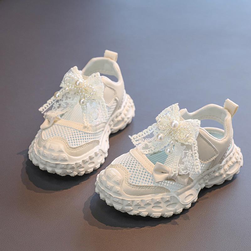 Girls' Summer Sports Sandals with Pearls, Lace, Bow, and Hollow Mesh Design