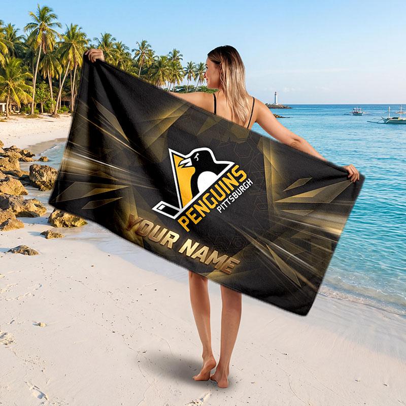 Pittsburgh Penguins Customized Name Text Beach Towel, Soft Absorbent Towel Beach Pool Travel Personal Gift