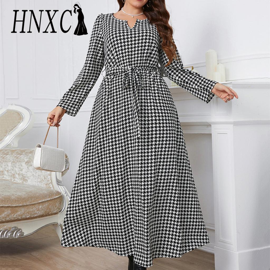 HNXC Женские модные осенние платья, повседневные платья с длинным рукавом и круглым вырезом в клетку с принтом