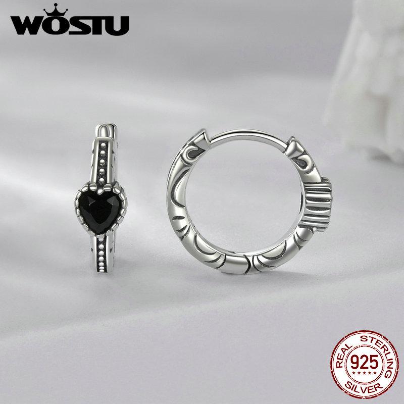 WOSTU 925 Sterling Silver Classical Heart Style Black Crystal CZ Rings For Women Retro Flower Pattern Hoop Earrings PartyGift