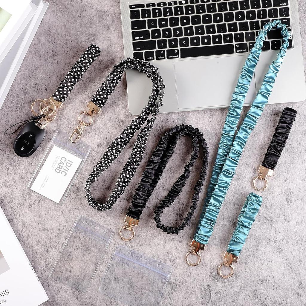 Scrunchie Lanyard with ID Holder Teacher Lanyards for ID Badges and Stretchy Scrunchie Keychain Wristlet for Women (Black)