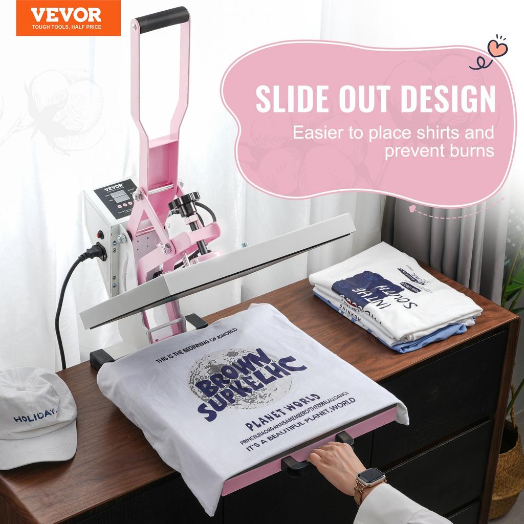 VEVOR Heat Press Machine 380 x 380 mm Digital Slide Out Heat Transfer Pink, for T-Shirts/Pillows/Bags, Fast and Even Heating, Precise Digital Control