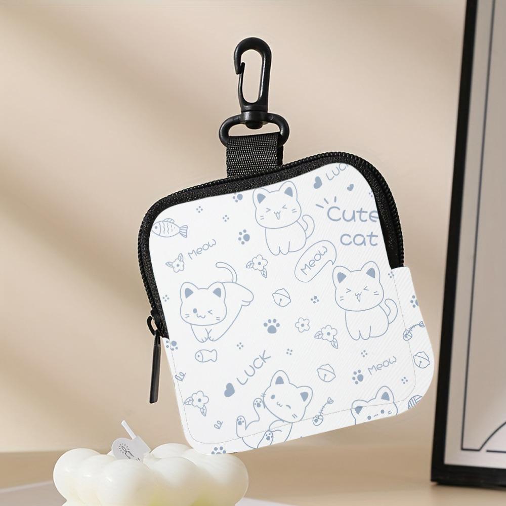Large Capacity Cute Cat Print Portable Coin Purse Waterproof Faux Leather Mini Earphone Case with Key Ring Multifunctional