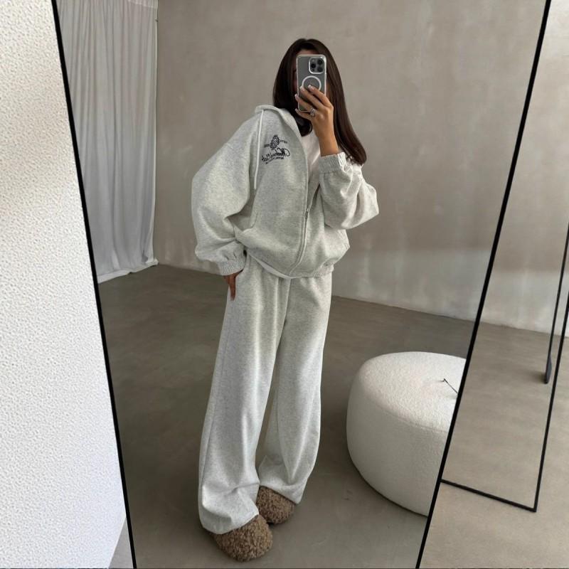 Womens 2-Piece Hoodie Set Fall Casual Zip-Up Embroidered Sweatshirt Pants Streetwear