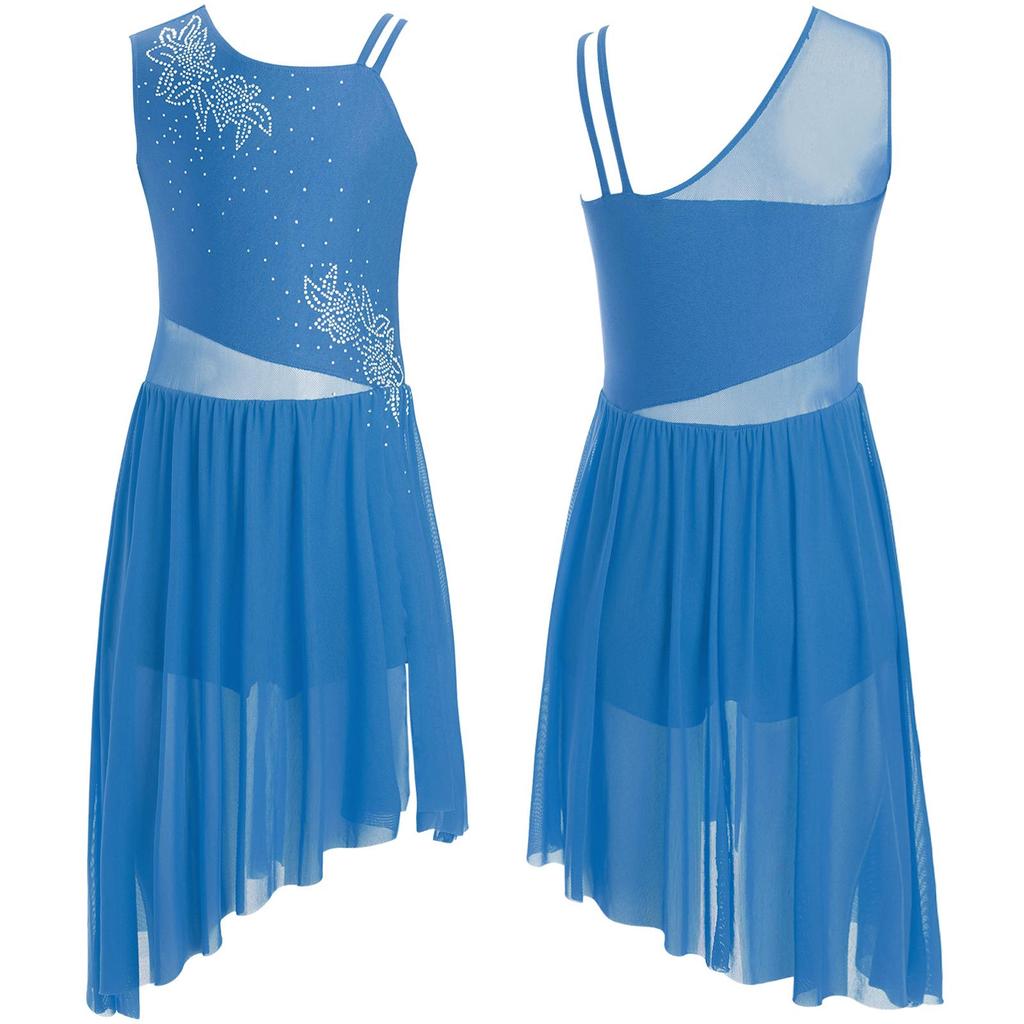 Лирическое танцевальное платье для девочек без рукавов с цветочным узором из страз и асимметричным разрезом для выступлений на сцене