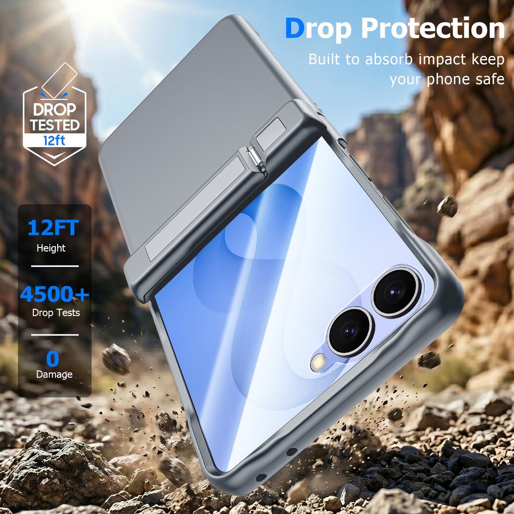 Hinge Protection Kickstand Phone Case for Samsung Galaxy Z Flip8, PC + TPU Foldable Cover-Grey