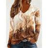 Women's Elegant V-Neck Long Sleeve T-Shirt Blue and White Marble Pattern