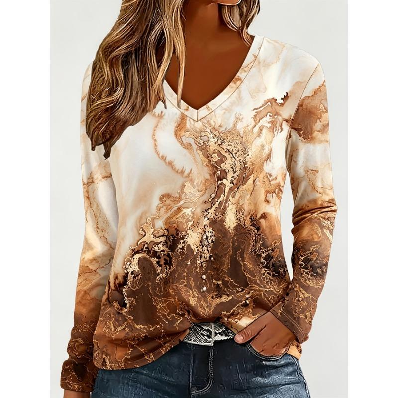 Women's Elegant V-Neck Long Sleeve T-Shirt Blue and White Marble Pattern