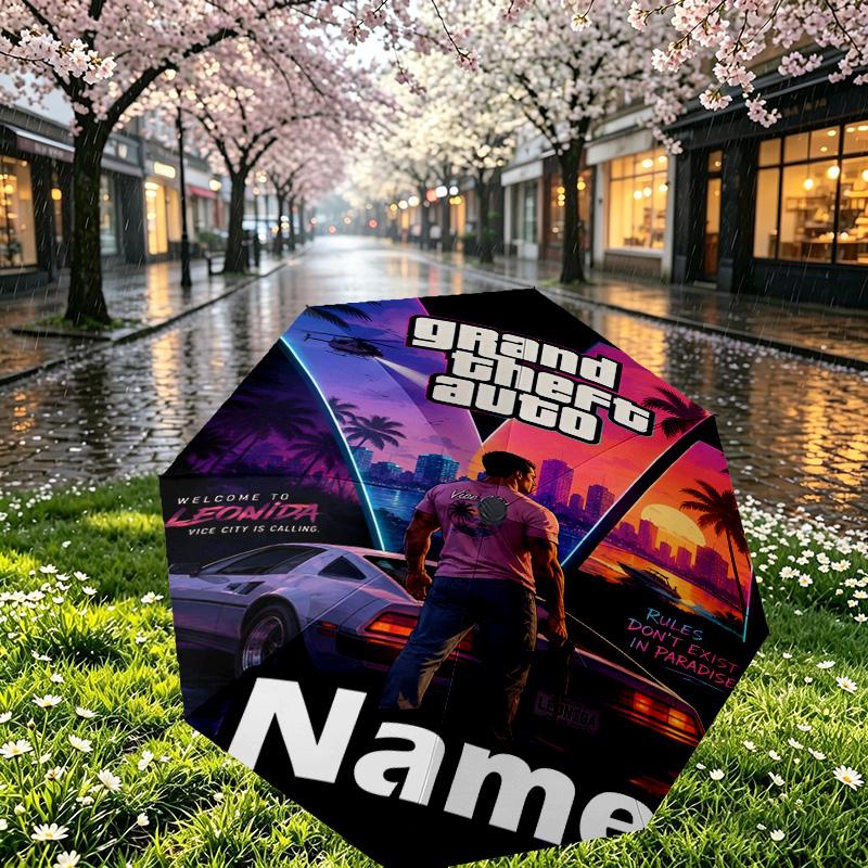 Custom Name Personalized Grand Theft Auto VI Print Umbrella, Auto Open Close, 8‑Rib Sturdy Frame, Commute Camping Hiking Use, Birthday Gift