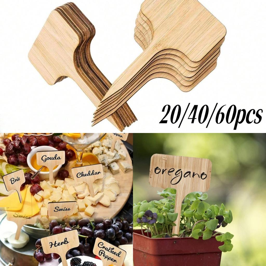 20/40/60Pcs Wooden Plant T-Type Labels Fruit Dessert Flower Pot Handwritten Marker Garden Seed Christmas Party Food Sign Tag
