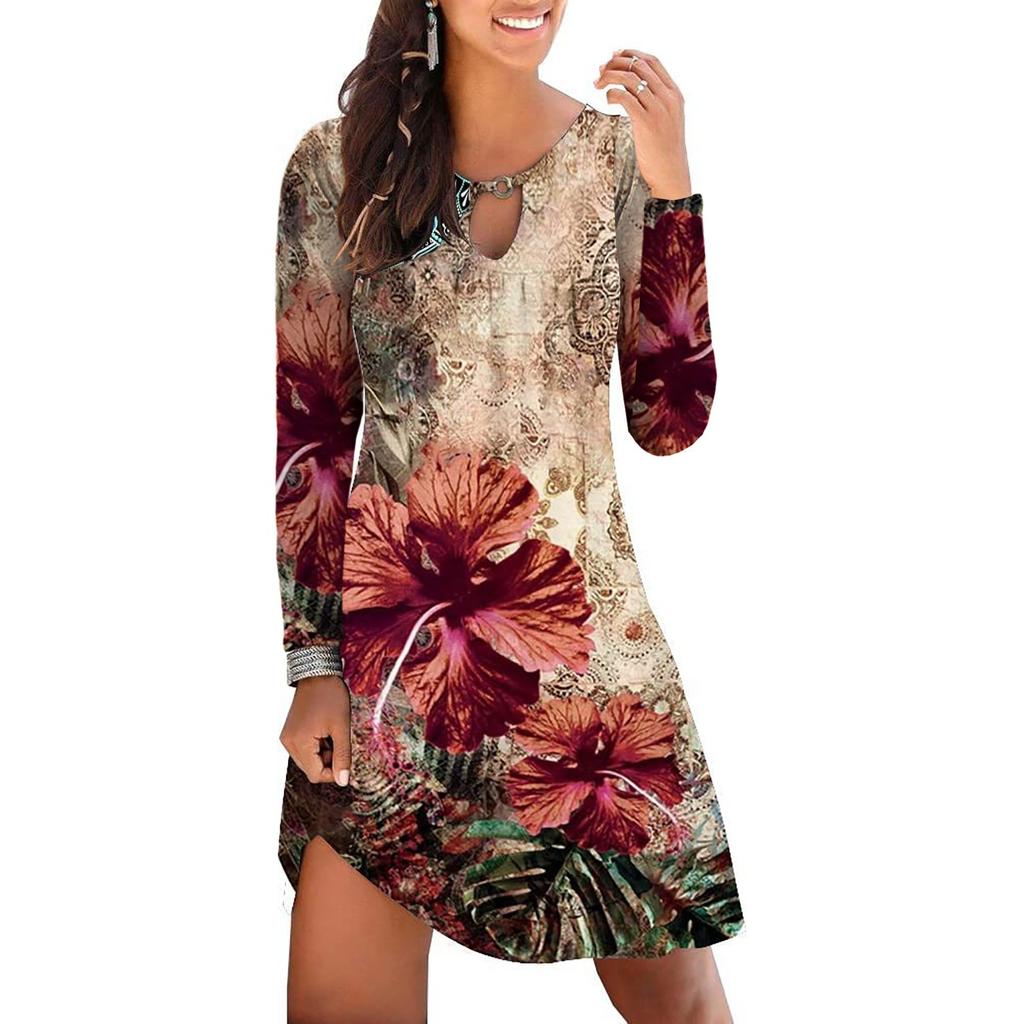 GMXIA Женская мода весна осень однотонный принт с длинным рукавом и круглым вырезом повседневные платья