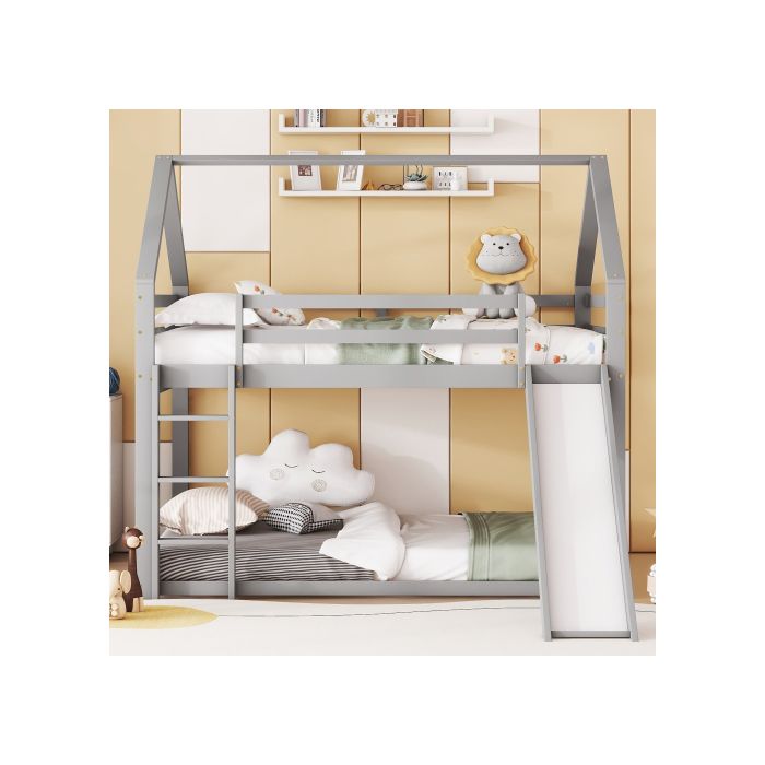 Двухъярусная кровать - MUVOE - 140x200 см - Серая - Горка - Лестница с возможностью перестановки