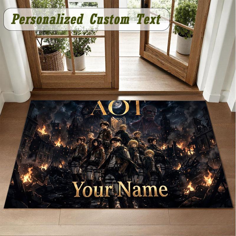 Crystal Velvet Square Rug Custom NameAttack on Titan Pattern Non Slip Home Floor Decor Rug