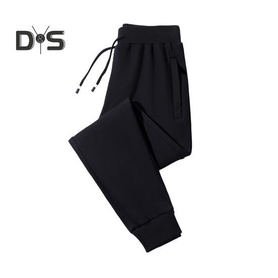 Winter Men Pants Thick Plush Drawstring Elastic Waist Heat Retention Zipper Pockets Plus Size Ankle-banded Solid Color Warm Sport Travel Work Trousers
