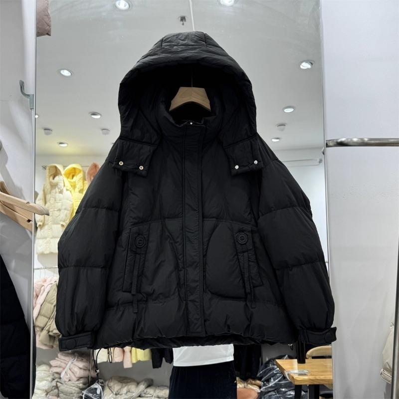 Модная белая пуховая куртка с капюшоном и круглой пряжкой, женская короткая зимняя, новая, свободная, теплая, белая, из утиного пуха.