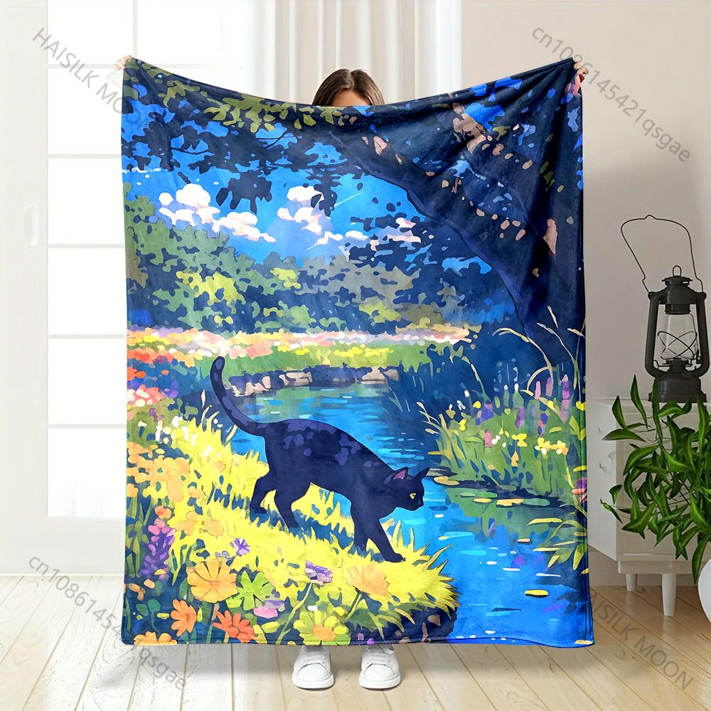 Black cat explores streamside wildflowers Print Blanket Warm Soft Fluffy s and Adult Sofa Bed Throw Outdoor Travel Camping