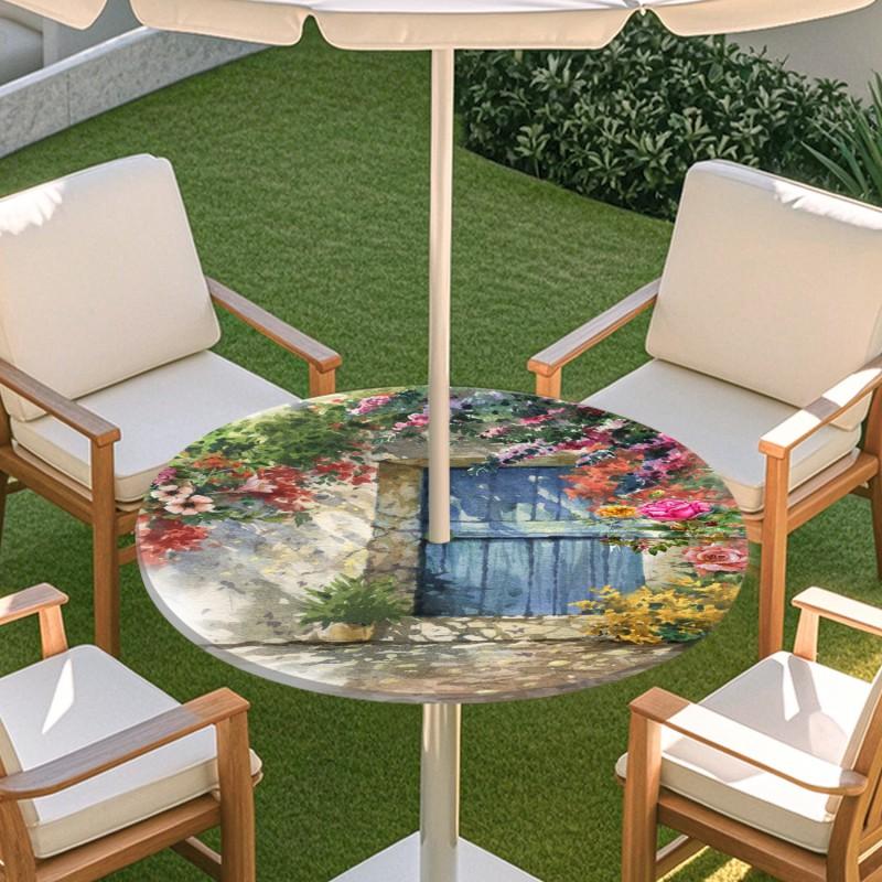 Outdoor Round Table Cover With Floral Print Oil Painting Style Waterproof Elastic Edge Patio Garden