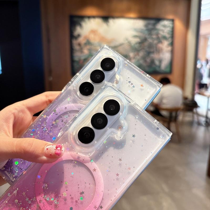 Epoxy Sequins Glitter Stars Clear Phone Case for Samsung Galaxy Z Fold 7 6 5 4 3 Wireless Charging Magnetic Gradient Color Cover