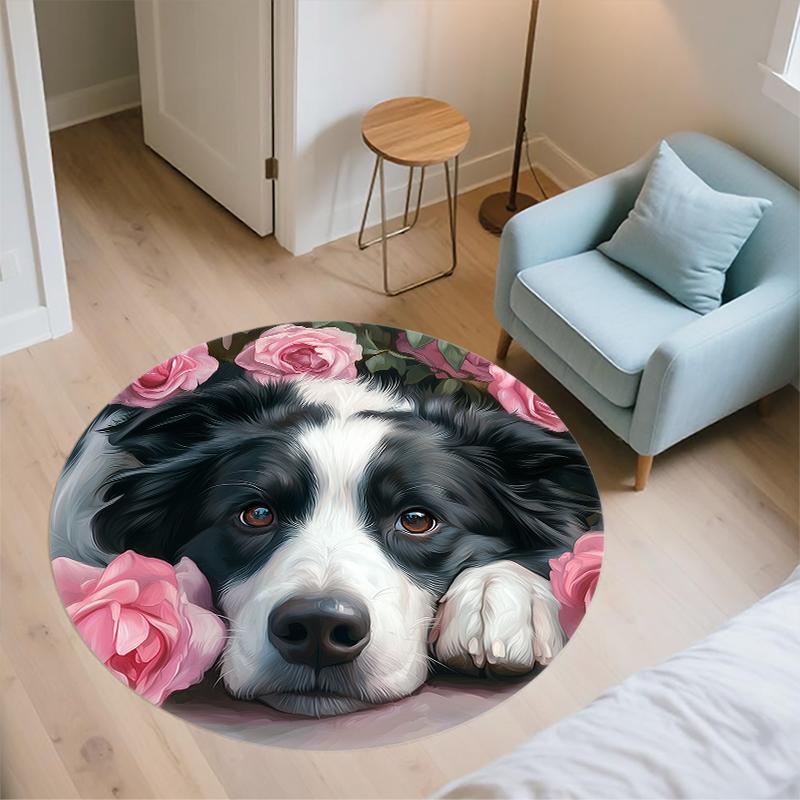 Border Collie and Fresh Flowers pattern round rug,Carpet Rug for Living Room Bedroom Playroom ,Non-slip Floor Mat,Holiday Gifts and Birthday Gifts.
