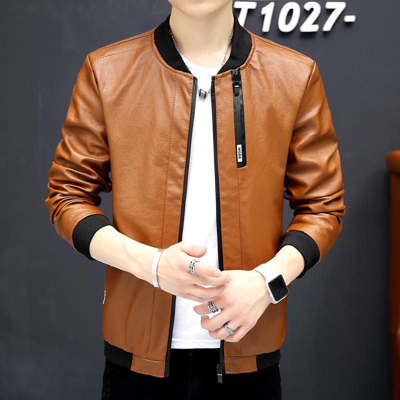 Spring and Autumn Baseball Collar Casual Jacket Youth Slim Washed Leather Jacket Fashion