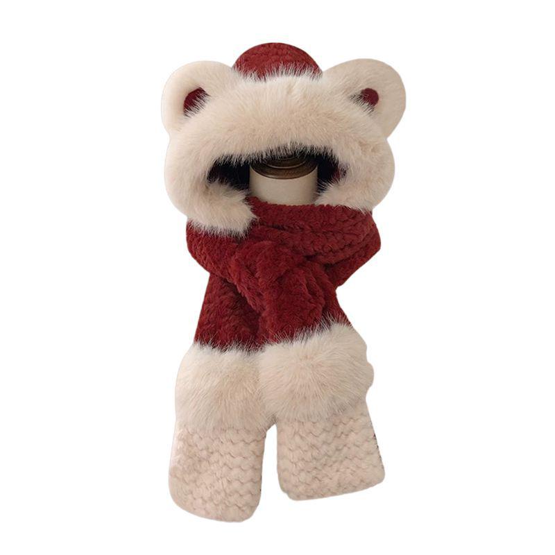 2025 Женский милый капюшон с медведем: Зимний плюшевый набор шапка, шарф, перчатки