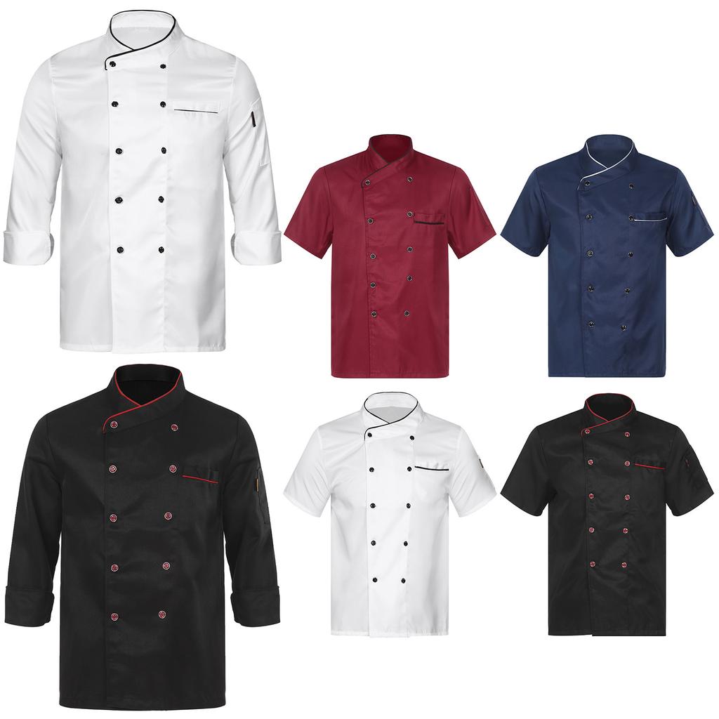 Mens Womens Unisex Chef Coat Double Breasted Design Contrast Color Trimming Cook Jacket Kitchen Uniform