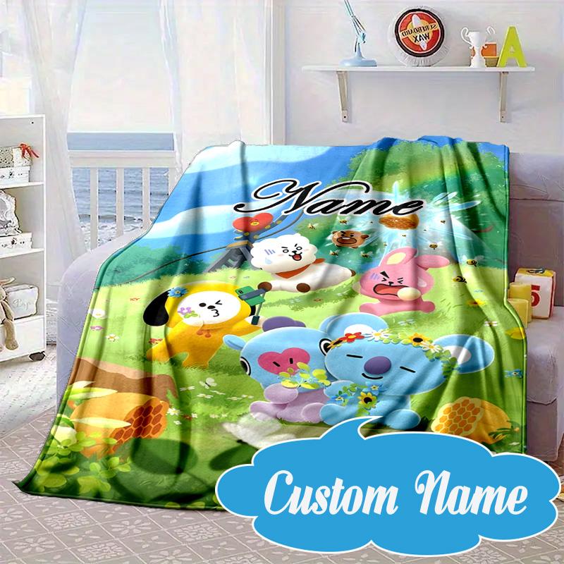 Custom Name BT K-pop Collage Vibes Blanket bed sofa Blanket Flannel Blanket for Camping, Hiking, Picnic Essentials,gift for Fan family
