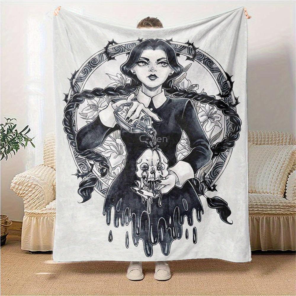 1pc Flannel Blanket, Gothic,Wednesday,Skull Pattern Printed Blanket, Sofa Bed Sofa Car Office Camping Travel Warm And Comfortable Soft Blank