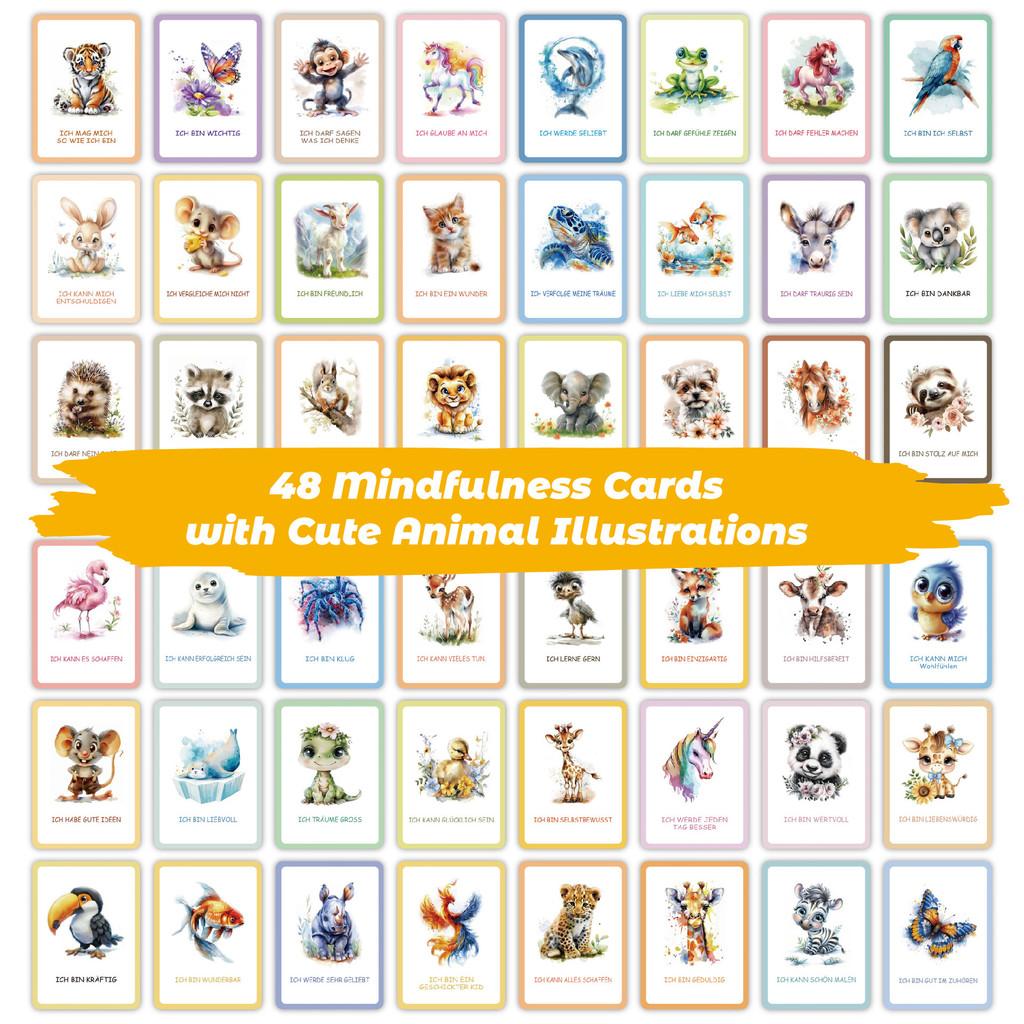 Мотивационные карточки для детей с акварельными рисунками животных для эмоционального обучения и осознанности