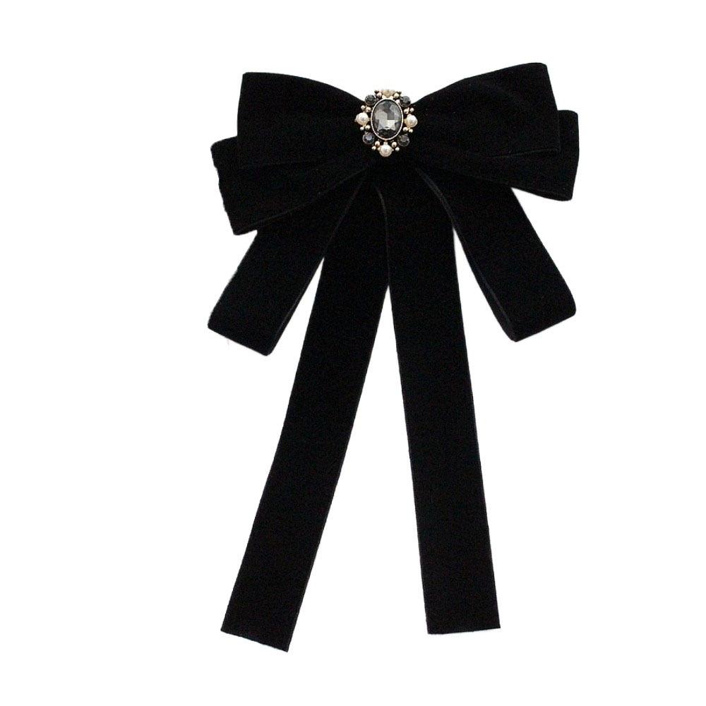 Simple Velvet Black Ribbon Pin Rhinestones Beads Black Bow Necktie Pin Pearl Funerals Memorial Pin Men