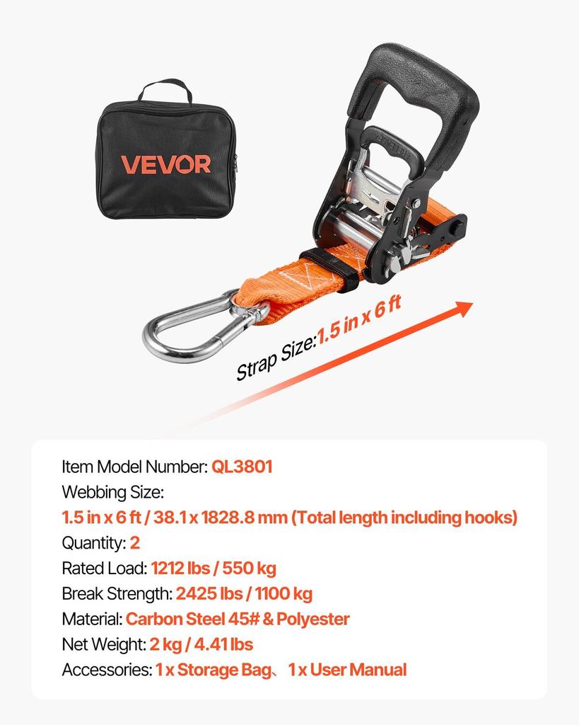 Ratchet Straps, 38.1 mm x 1.8 m, Heavy Duty Tie Down Straps with Carabiners, 1100 kg Break Strength, Carry Bag, Tie Down Ratcheting for Moving,
