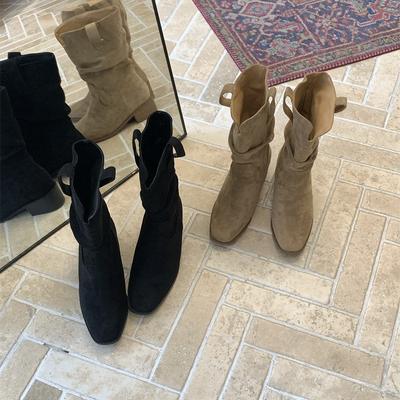 Ботильоны с голенищем ретро замшевые абрикосовые короткие ботинки ковбойские ботинки универсальные женские ботинки весна и лето толстый каблук женские ботинки модные ботинки