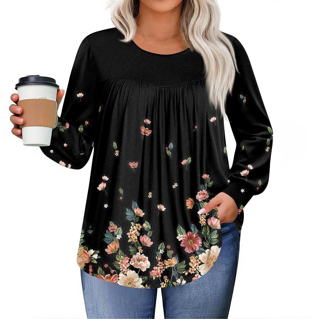 Womens Plus Size Tops Long Sleeve Shirts Round Neck Flowy Tunic Casual Loose Blouse L-5X