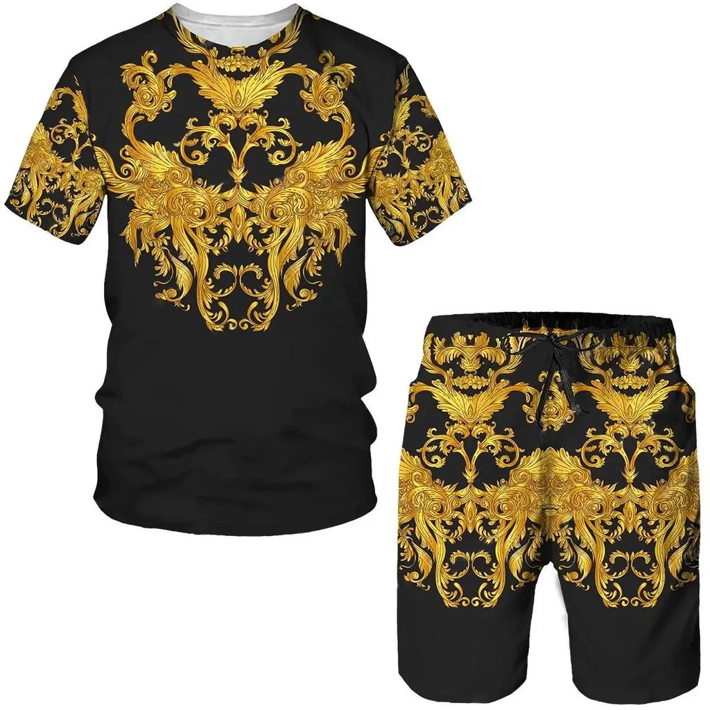 Мужской спортивный костюм с 3D-принтом, футболка, комплект из 2 предметов, летняя спортивная одежда, уличная одежда, роскошная мода, короткий рукав, свитер, свободный размер