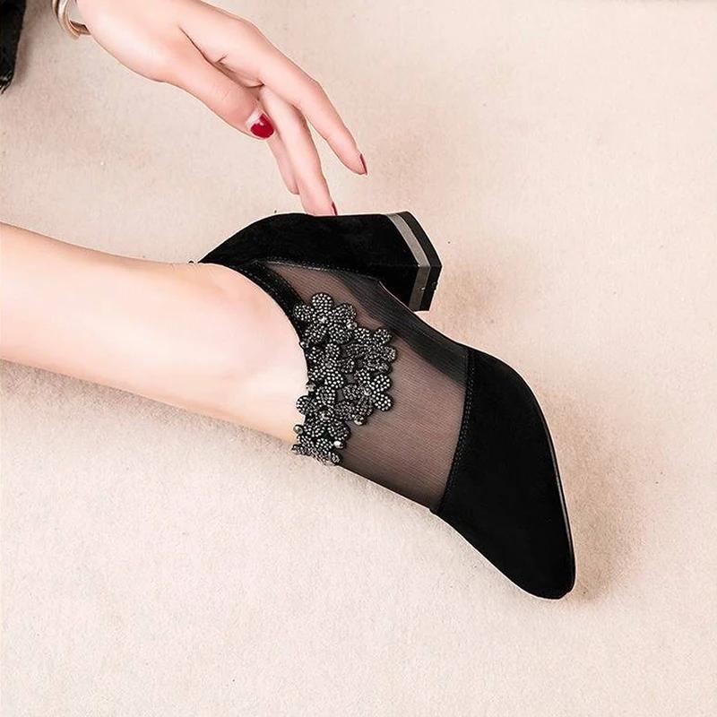 Fashion Women Shoes Sexy Black Hollow Mesh Pointed Heels Female Elegant Flower Shaped Rhinestone Ornament Footwear Ladies 35-43