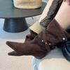 Cowhide Version~ Wide Tube Stacking Boots Medium Tube Boots Niche Design Wind Pointed Head Buckle Belt Western Cowboy Boots Women