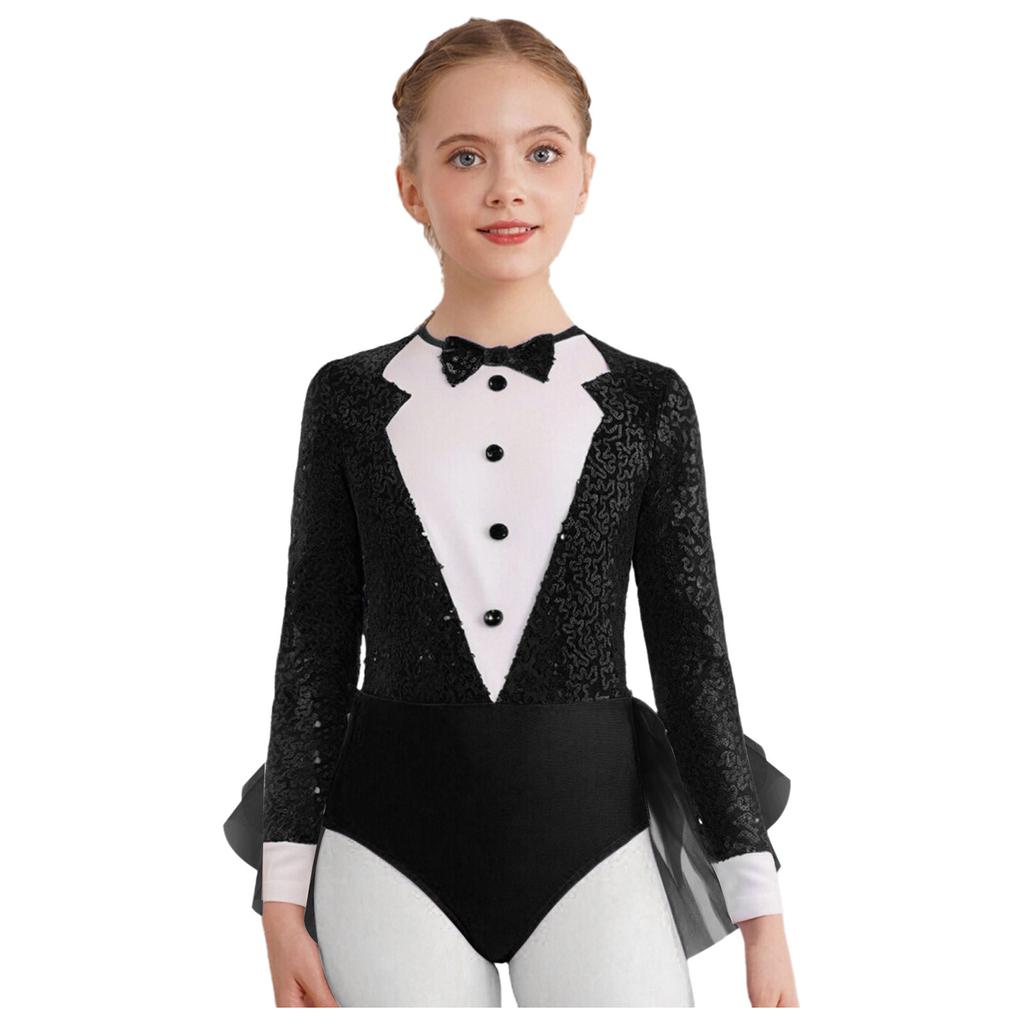 Girls Jazz Dance Costume Sparkly Sequins Bodice Tulle Skirted Leotard Long Sleeve Back Invisible Zipper Bodysuit